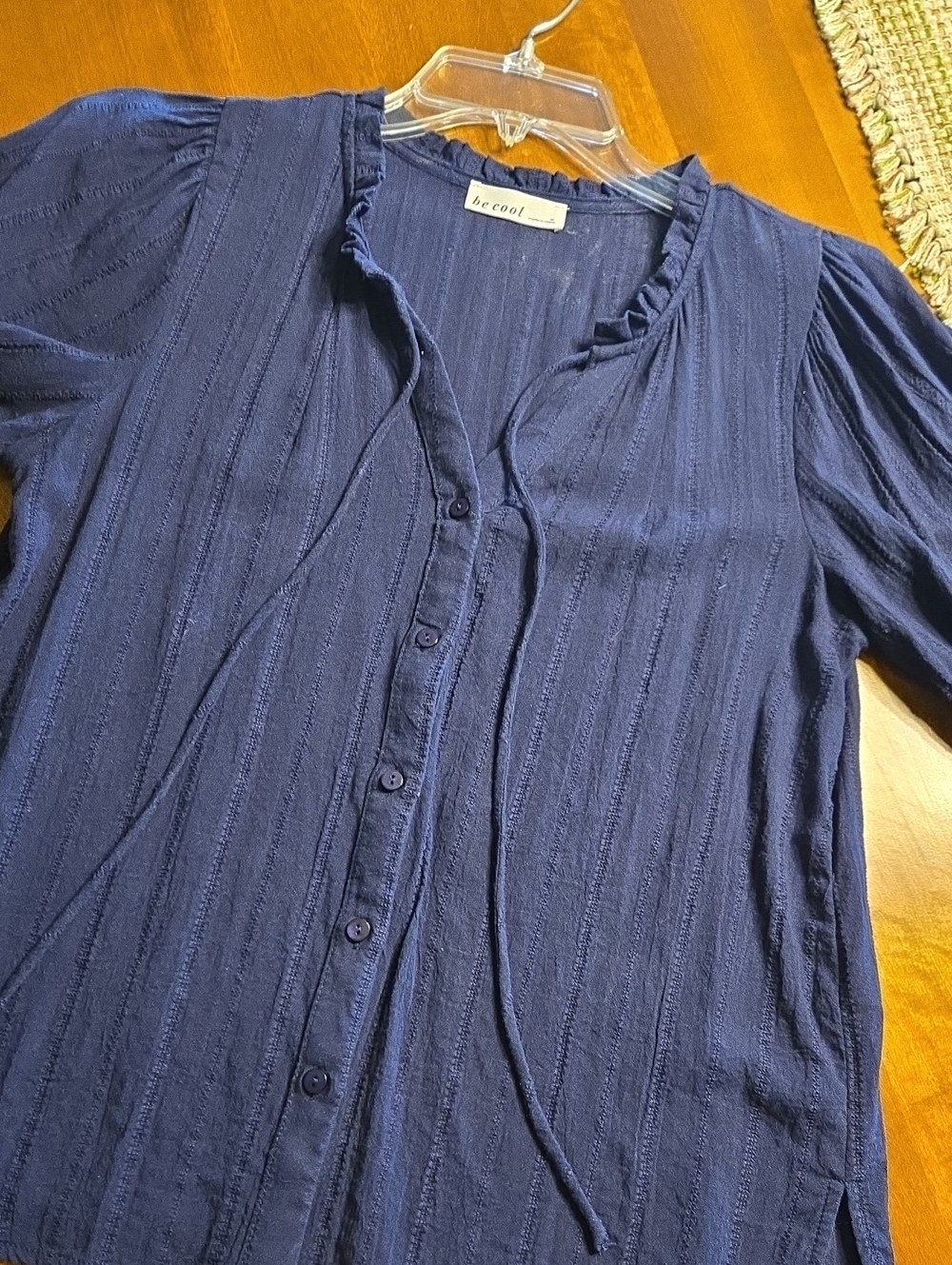 BE COOL Navy Button-Front Ruffle Neck Women's Top
